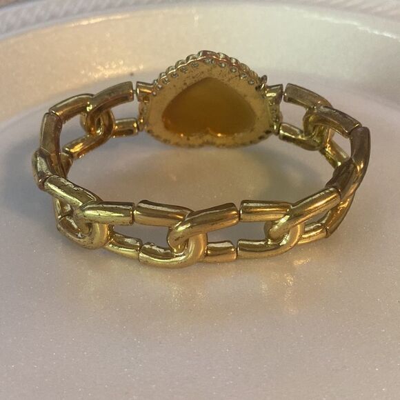 Betsey Johnson Pink Animal Print Heart Stretch Gold Link Bracelet - Picture 5 of 8